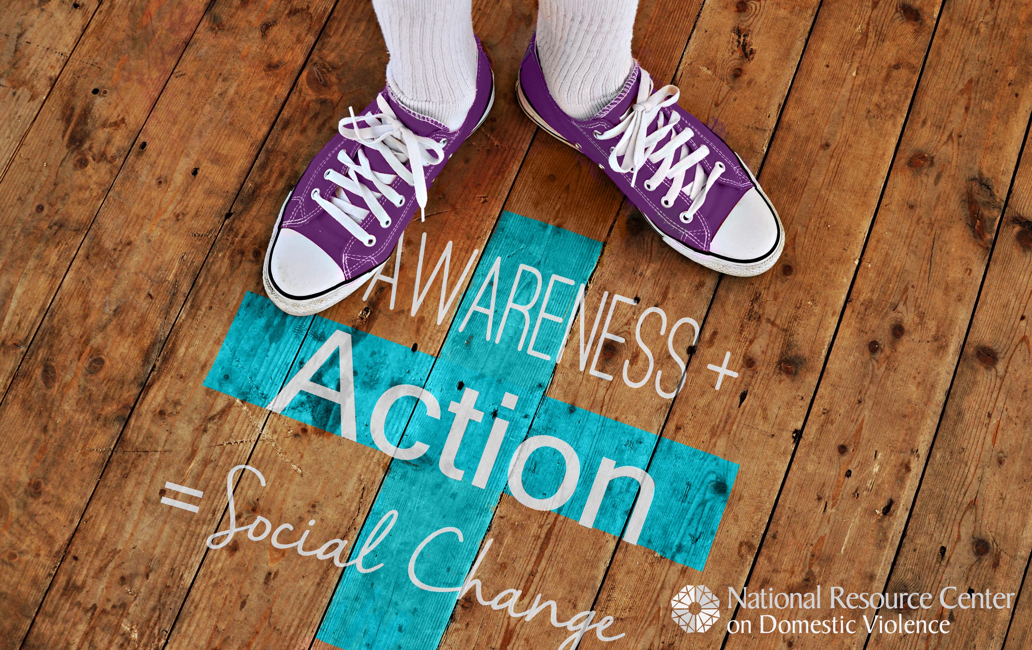 Image of feet on a floor with Awarebess + Action = Social Change logo printed on the floor
