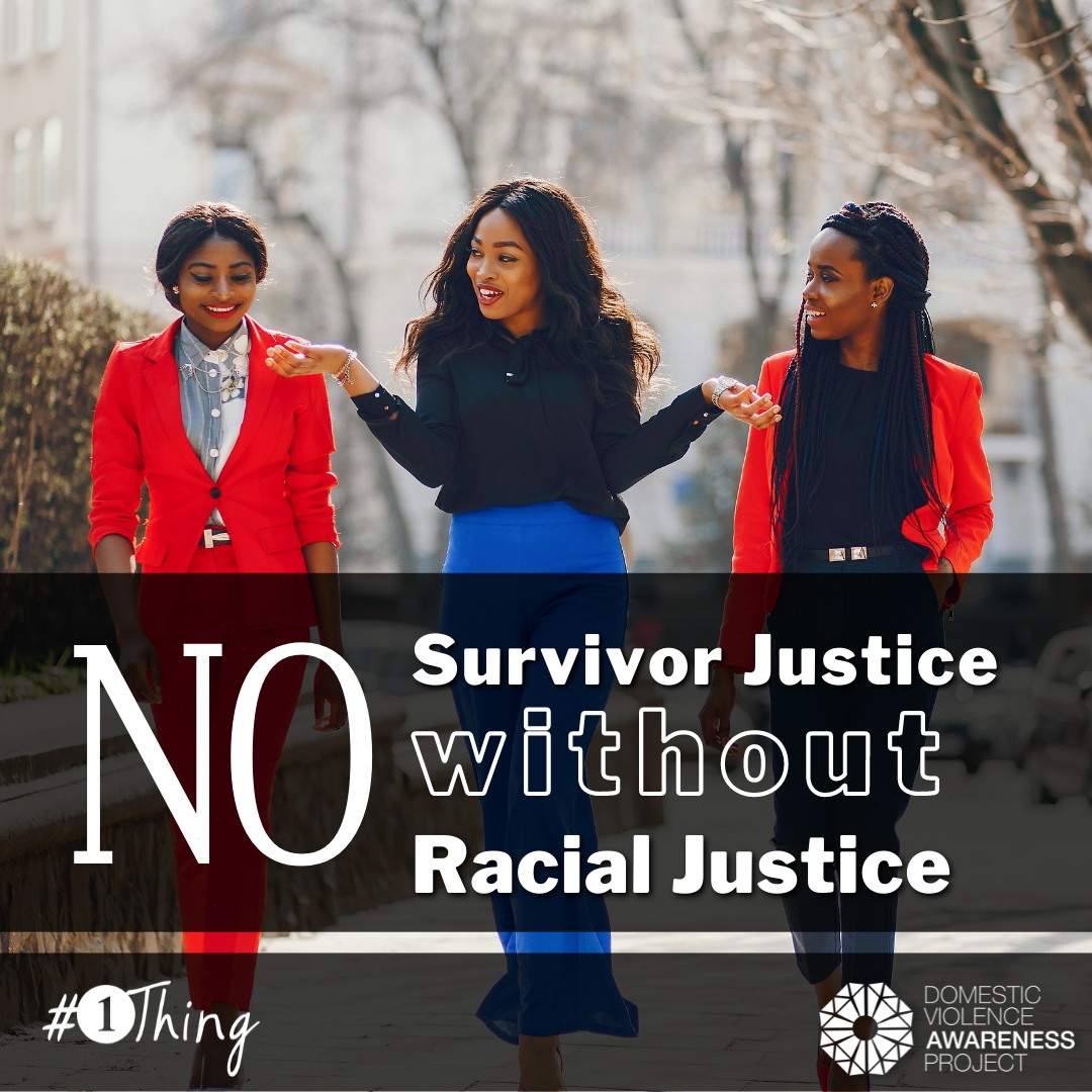 No Survivor Justice without Racial Justice text overtop of a picture of 3 business women