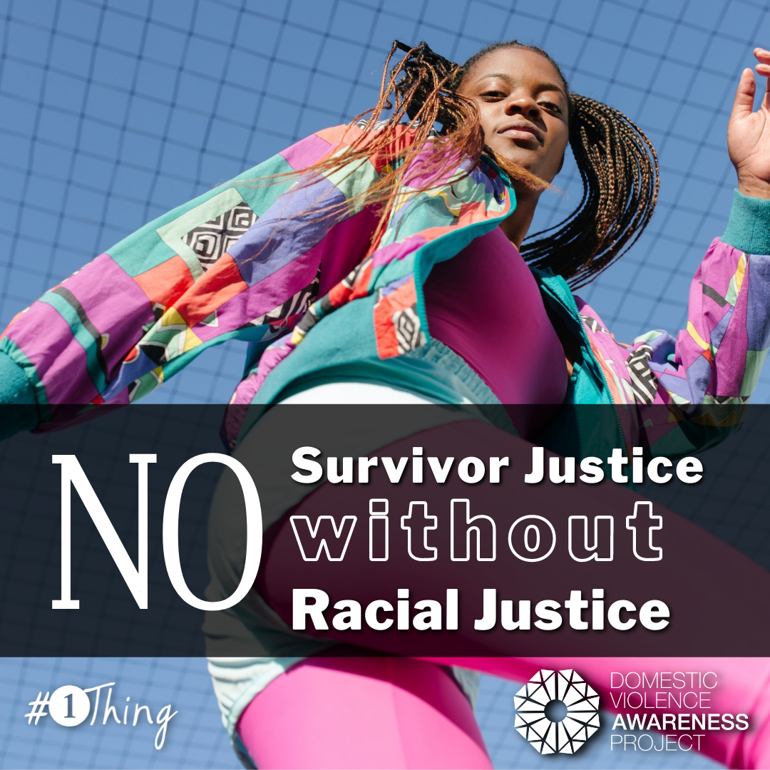 No Survivor Justice without Racial Justice text overtop of an image of a young woman jogging