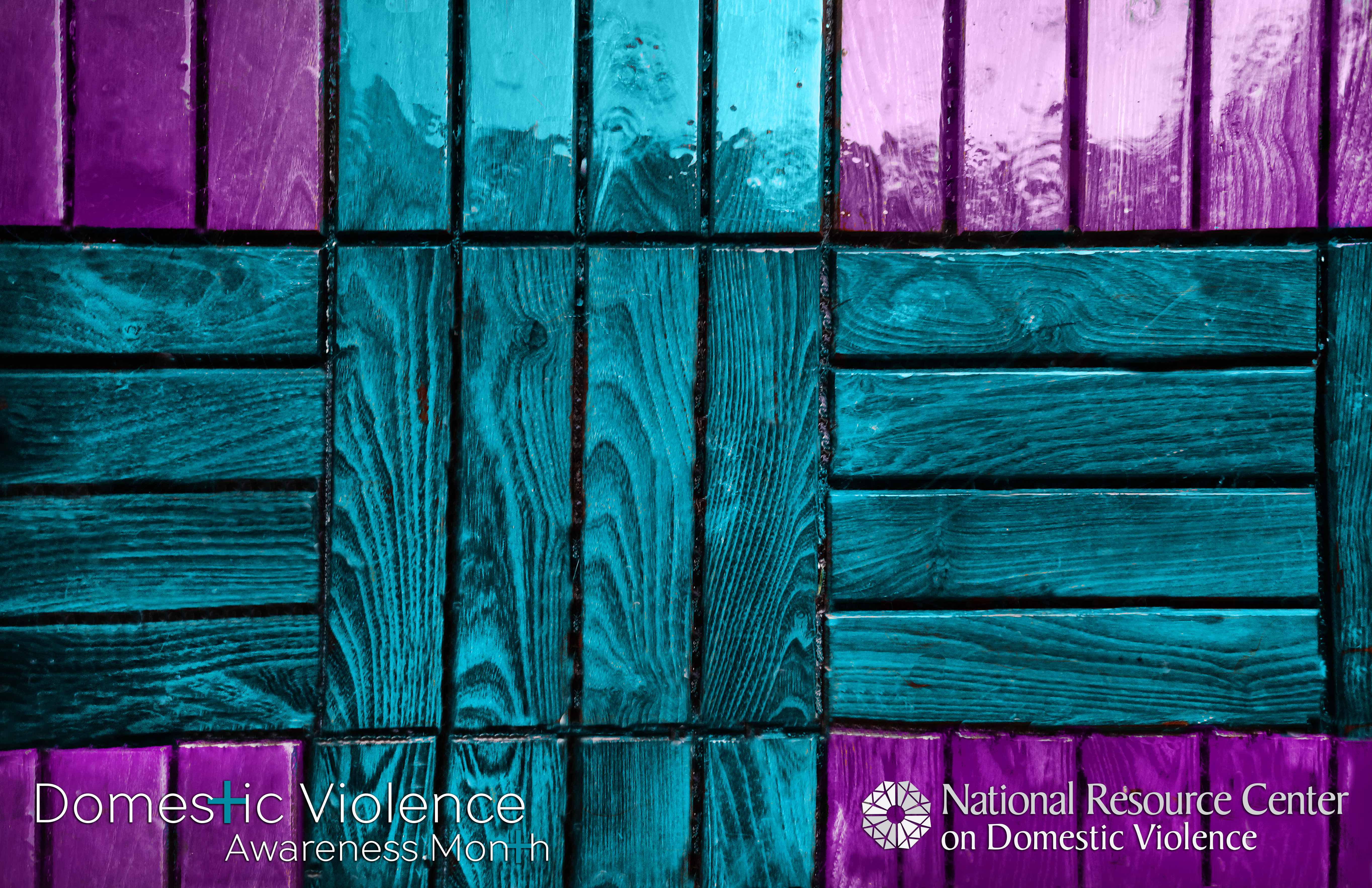 Purple stained wooden floor with teal stained wooden floor with NRCDV and DVAM logos on top