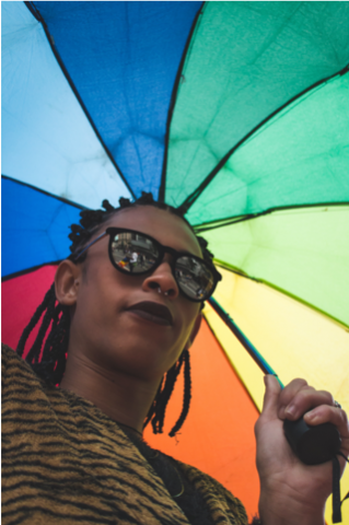 person holding a rainbow umbrella