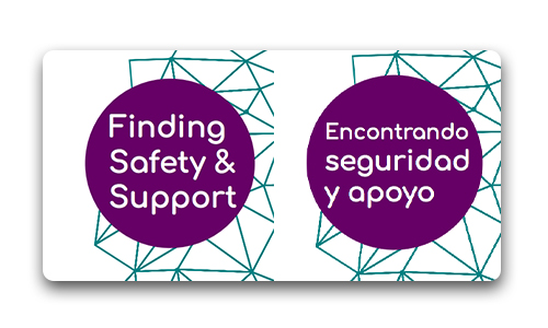 Title portion of our Finding Safey brochures in both english and spanish "Finding Safety & support" and "encontrado sguridad y apoyo"